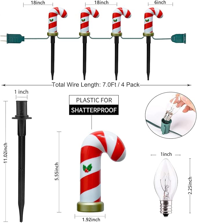 C7 Christmas Pathway String Lights Set of 8 Christmas Candy Cane Driveway Markers with 4 C7 Clear Bulbs Waterproof String Lights for Pathway Decor Outdoor Decoration