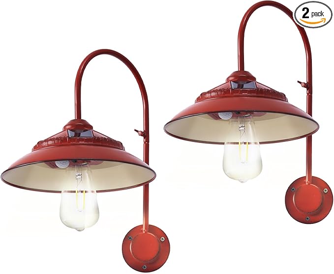 Solar Gooseneck Lights Outdoor Waterproof - Motion Sensor Rustic Vintage Porch Lights with Clear Glass LED Edison Bulbs and 4 Solar Panels for BarnPatioCoopShed and Courtyard(Red 2P)