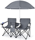 COSTWAY Double Portable Picnic Chairs Folding Camping Chairs w/Detachable Umbrella Cooler Bag Cup Holders Patio Beach Camping Chairs for Outdoors
