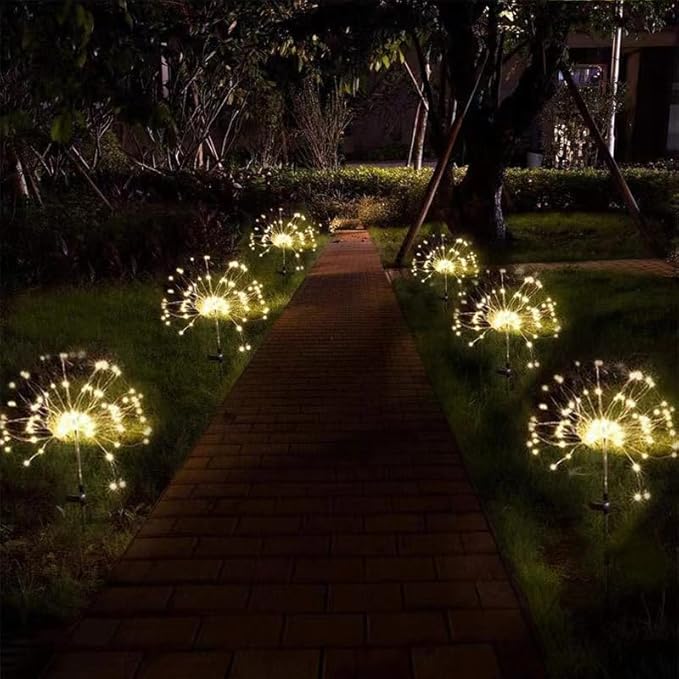 Solar Firework Lights 2Pcs Garden Lights Outdoor Waterproof 120 LED with 8 Modes Twinkling and Steady-On Festive daysStarburst Lights for Path Patio Yard (Warm White)