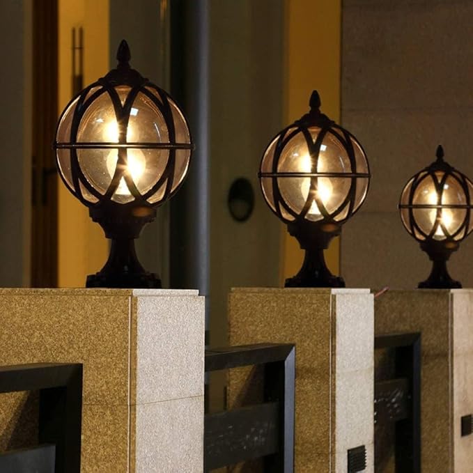 Outdoor Post Light Fixture Retro Amber Glass Ball Pillar Lights Waterproof Die-cast Aluminum Column Lamp Villa Courtyard Garden Park Doorpost Light Fence Light Landscape Lighting