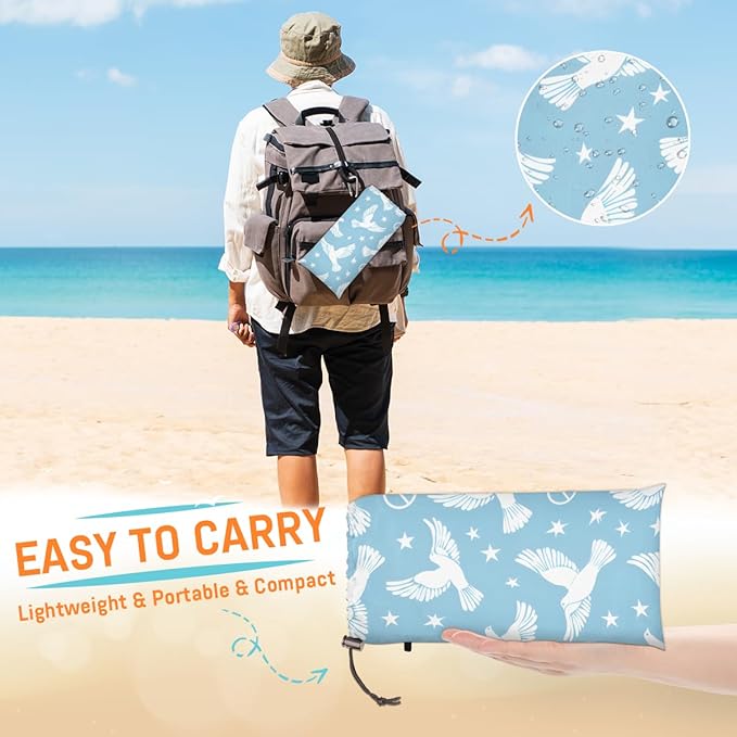 Waterproof Sandproof Beach Blanket 59''×68'' Peace Dove Polyester Outdoor Picnic Blanket with 4 Stakes &amp Storage Bag for BeachCampingVacation Lake Blue