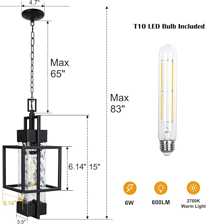 15 Outdoor Indoor Pendant Light Exterior Hanging Lantern Modern Black Metal Outside Chandelier Light Fixture Ceiling Mount with Water Glass for Front Porch Entrance Foyer Entryway (Bulb Included)
