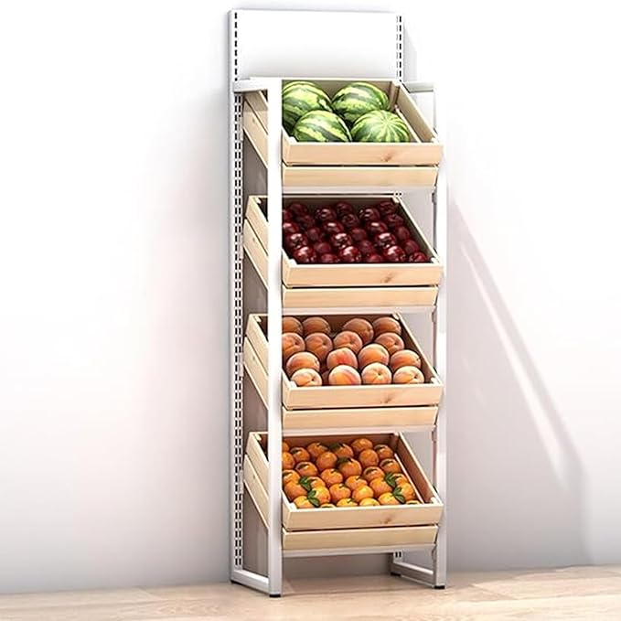 Commercial Supermarket Fruit &amp Vegetable Shelf 3/4 Tier Produce StorageLarge Capacity Retail Snack Rack Display With Wood Baskets Kitchen Onion Potato Produce(White rack+wooden box4 tier)