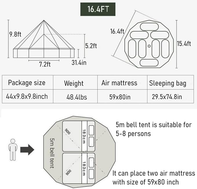 Outdoor Camping 13ft/16.4ft Oxford Bell Tent with Sewn-in Groundsheet for 4-8 Persons Large Glamping 4M/5M Yurt Tent with Stove Jack for Winter Camping