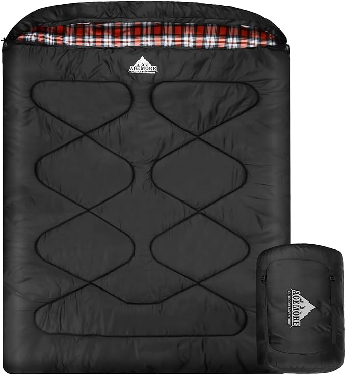 AGEMORE Cotton Flannel Double Sleeping Bags for Adults Cold Weather Waterproof Queen Size Sleeping Bag 2 Person Double Wide Warm Sleeping Bag for Family or Couples Outdoor Camping or RV Traveling
