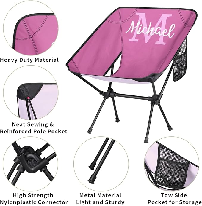 Custom Rose Pink Portable Camping Chair Personalized Backpacking Chair with Name Lightweight Foldable Chairs for Hiking Beach