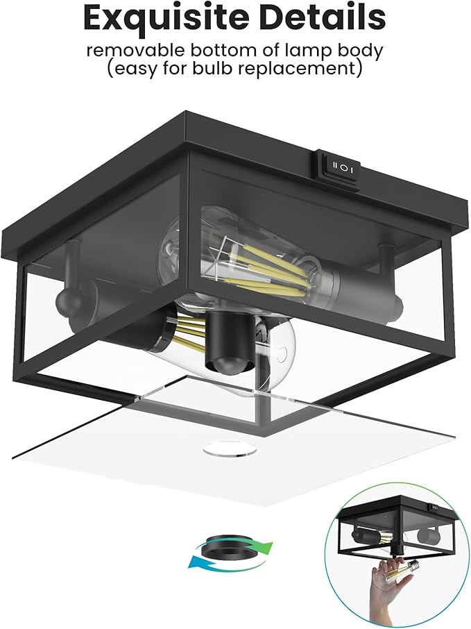 Outdoor Ceiling Light with Motion Sensor Flush Mount Porch Light Exterior Light Fixture with Clear Glass Dusk to Dawn 2-Light Fixture for PatioPorch (10.5 in)