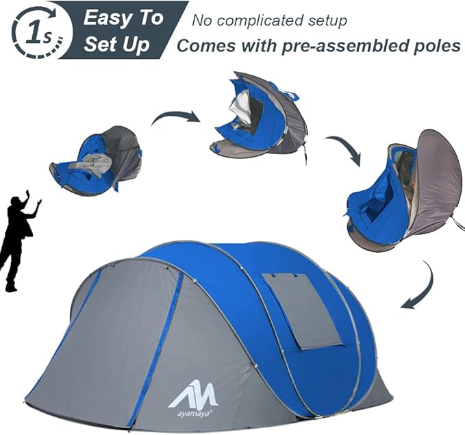 6 Person Easy Pop Up Tents for Camping - AYAMAYA Double Layer Waterproof Instant Tent with Vestibule &amp Porch Large Size Family Tent Automatic Setup for 4-6 People Camping Hiking (Poles Included)