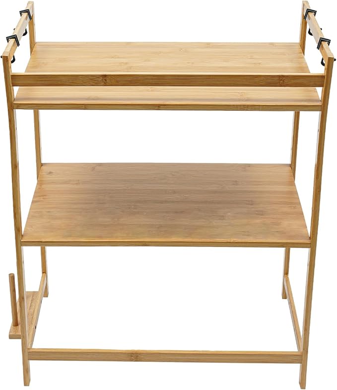 2 Tier Bamboo Kitchen Countertop Microwave Shelf with 4 HooksAdjustable Spice RackKitchen Counter Storage ShelfWood Color