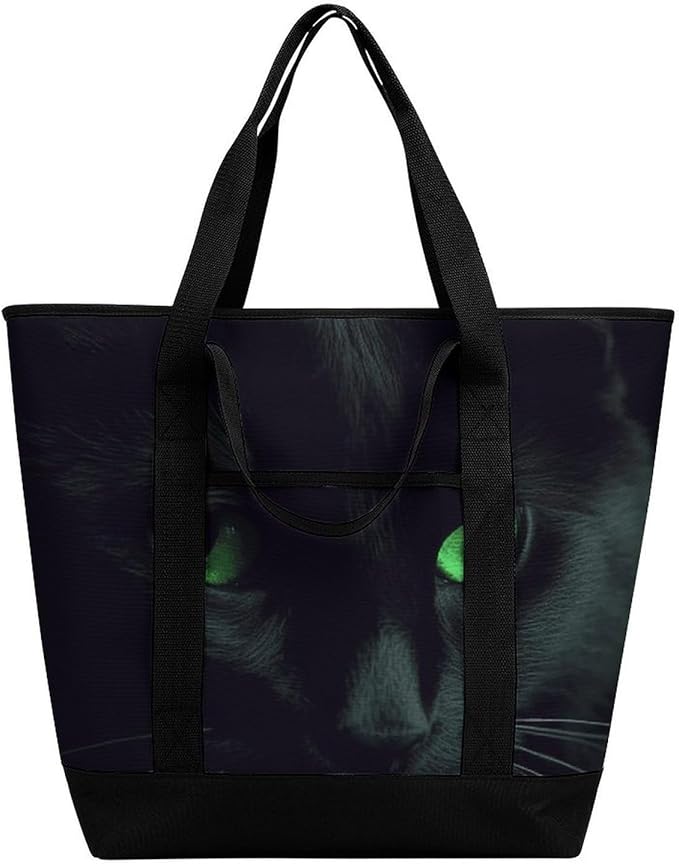Insulated Shopping BagLarge Reusable Cooler Bags Black Cat Green Eyes Printed Foldable Shopping BagTravel Waterproof Shoulder Bag