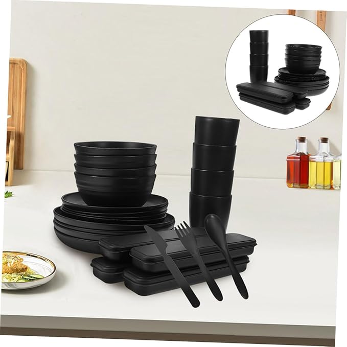 Modern Black Camping Dishes Utensils Set Picnic Plates Bowl Cutlery Dinnerware