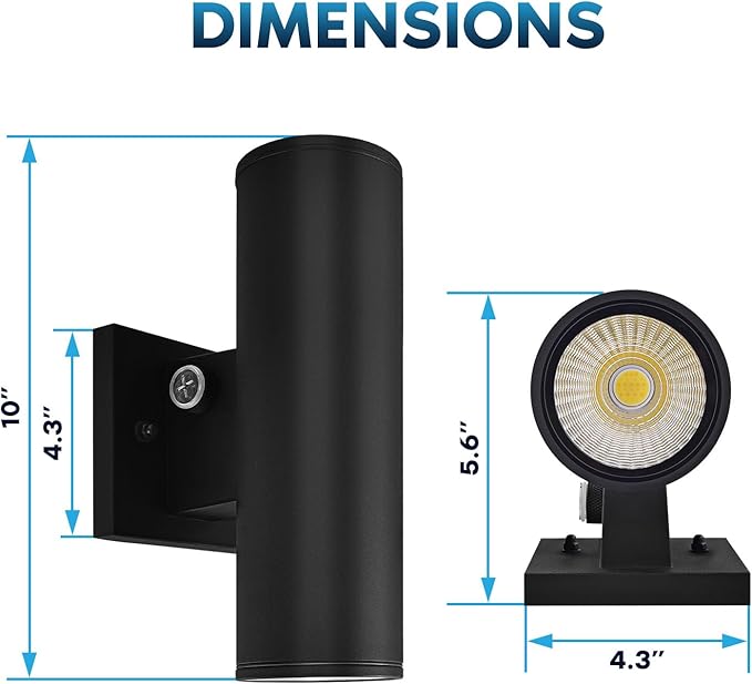 Luxrite Dusk to Dawn LED Modern Outdoor Wall Lights 10 Cylinder Up or Up and Down Light 3CCT 3000K-5000K Waterproof Wall Sconce 12/15/18W Dimmable IP65 ETL Exterior Porch Patio Garage 2-Pack
