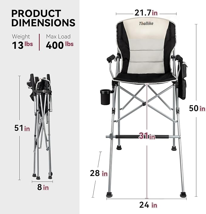 Foldable Directors Makeup Salon High Chair - Portable Camping Bar Height Folding Photoshoot Chairs with Stroage Bag Cup Holder Non-Slip Footrest Supports 400 lbs Black Tall Director Chair
