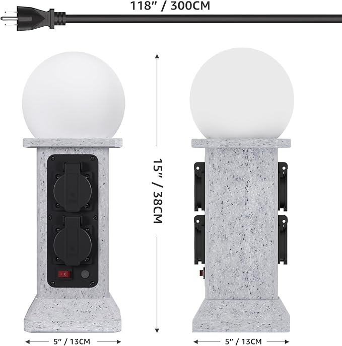 uuffoo Pathway Lights with Outdoor Outlet 4-Socket Marble Look Weatherproof Plug Cover with LED Ball Light Dusk-to-Dawn Sensor 3M Cord Landscape Lighting for Patio Garden Walkway Driveway Decor