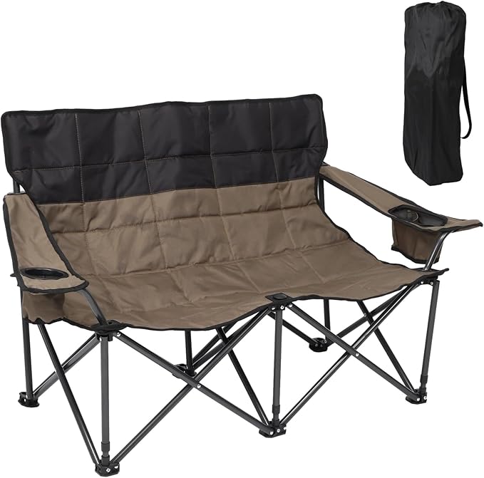 Double Folding Loveseat Camp Chair for Adults - 46.5 in Low-Profile Outdoor Camping Couch with Cup Holders Two People Heavy Duty Folding Couch Portable Loveseat for Camping Patio Lawn and Picnic