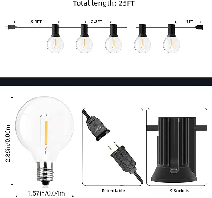 GPATIO Outdoor String Lights 25FT G40 Bulbs Shatterproof Patio Lights Waterproof Dimmable Hanging Outdoor Lights Connectable LED Outside Lights for Backyard Yard Gazebo Porch Party