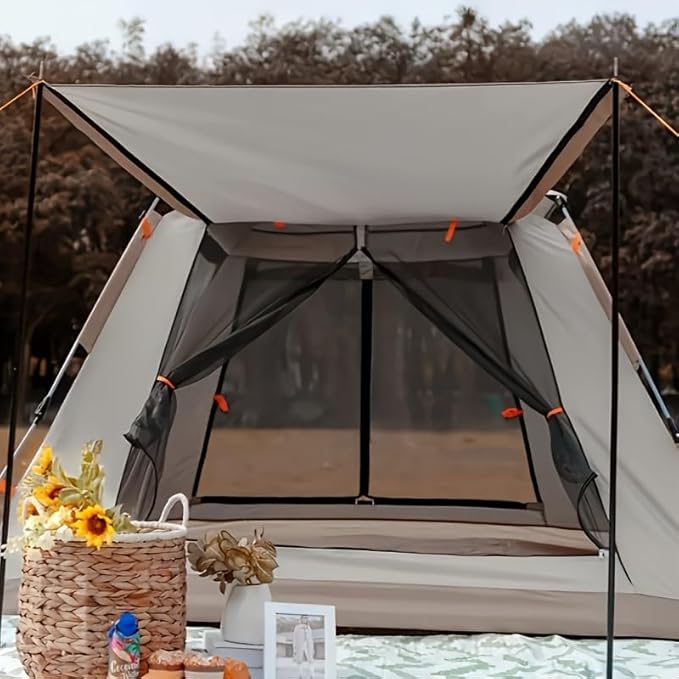 2-3 Person Family Camping Tent with Awning Quick Setup All-Season Tent Windproof Waterproof with Mosquito Net &amp UV Protection Beige Oxford Fabric