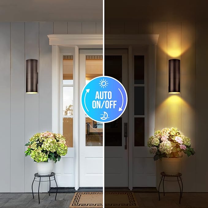 wowlite Modern Outdoor Wall Light with Dusk to Dawn Sensor 2 Pack LED Cylinder Up Down Wall Light Outdoor 2700K Warm Light Bronze Exterior Light Fixture IP65 Waterproof Wall Sconce for Porch Garage