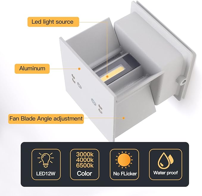 12W 4Pack Outdoor Wall Lights Exterior/InteriorLED White Outdoor Wall Sconces Light Fixtures ModernIP65 Waterproof Square Aluminum Wall Lamps Up and Down Lights 3000K Warm Lights