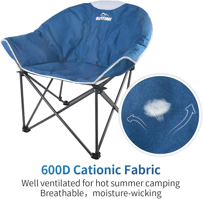 OUTDOOR LIVING SUNTIME Oversized Padded Camping ChairPortable Comfy Outdoor Folding Moon Round Saucer Chairs for Adults with Holder and Carry Bag Perfect for Hiking Lawn Patio Sports（Blue 2 Pack）