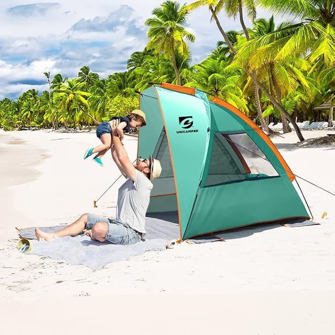 Beach Tent 3 Person Sun Shelter UPF 50+ with Extended Waterproof Pe Floor &amp 3 Mesh Roll Up Windows Fits Portable Beach Shade Easy Setup for Outdoor Camping Indoor Fishing Yard. (Green)