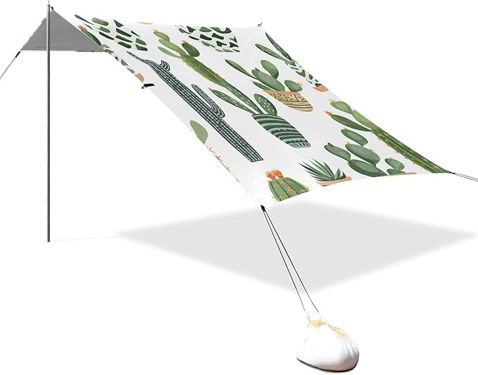 ALAZA Cactus Cacti Boho Beach Tent Sun Shelter UPF50+ Protection Beach Shade Canopy w/ 4 Sandbags for Outdoor Camping Fishing Backyard Fun Picnic 10x9 ft