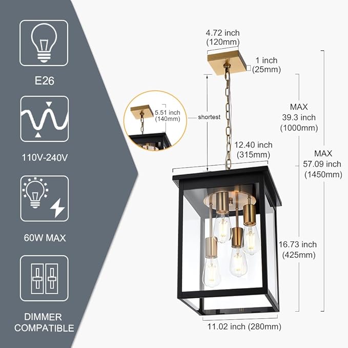 TODOLUZ Outdoor Pendant Light Fixtures 4-Lights Large Outdoor Ceiling Hanging Lanterns in Black &amp Brushed Brass Farmhouse Exterior Chandelier for Front Door Entry Patio
