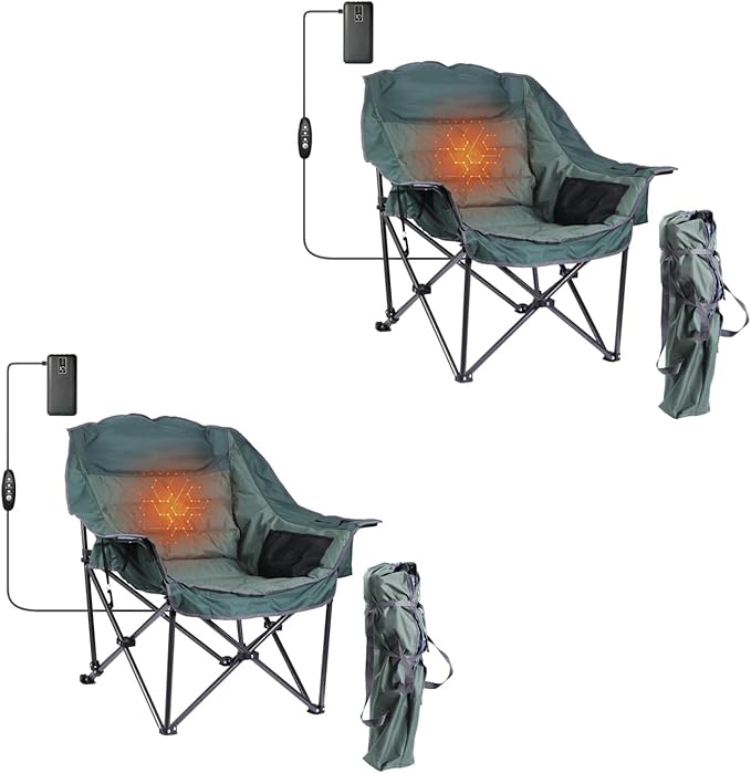 Heated Camping Chair Heated Chair Heated Camping Chairs for Adults Oversized Camping Chair XL Padded Chair with Cooler Cupholder &amp Carry Bag Heavy Duty for Outdoor Activities (2 Pack)