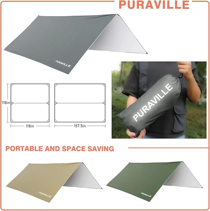 Puraville 10x10 ft Rectangle Lightweight Camping Tarps Portable Waterproof Hammock Rain Fly Tent Tarp for Camping Backpacking Grey