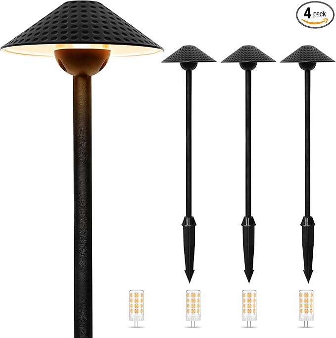 Gardencoin Low Voltage Pathway Lights (6.69'' Shade 21.54'' Tall) 12V Outdoor LED Landscape Pathway Lighting Aluminum Vintage Hammered Path Lights with 4W 2700K Replaceable Bulb 4 Pack