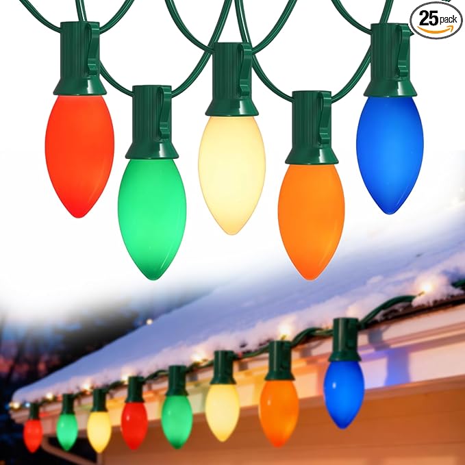 C9 LED Christmas Lights25FT Vintage C9 Multicolor Christmas Lights Outdoor with 26 Colorful Ceramic LED BulbsConnectable Waterproof Light for Outdoor Christmas Decorations Tree Garden Gar