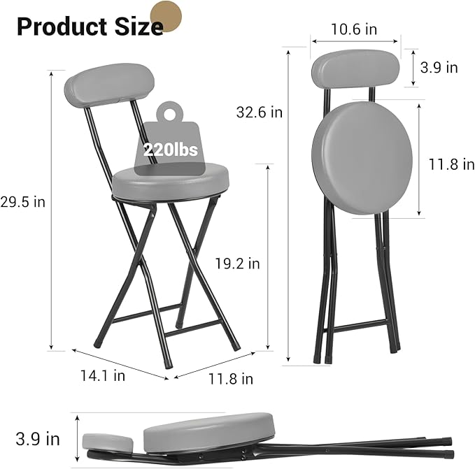 Cushioned Padded Folding Stools Folding Bar Stool with Backrest 220lb Capacity 19 Inch Collapsible Round Portable Foldable Chair for Outdoor Indoor Kitchen Camping Fishing (Grey 2 Pack)