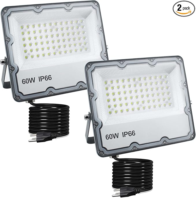 2 Pack 60W Led Outdoor Flood Light Exterior Flood Lights Plug in Flood Light for Yard Stadium Playground LawnGarden GaragesBasketball Court