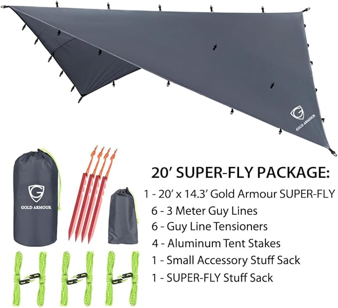 Gold Armour Rainfly Tarp Hammock Premium 20ft x 14.3ft Rain Fly Cover Waterproof Ultralight Camping Shelter Canopy Must Have Camping Accessories Camping Essential (Gray)