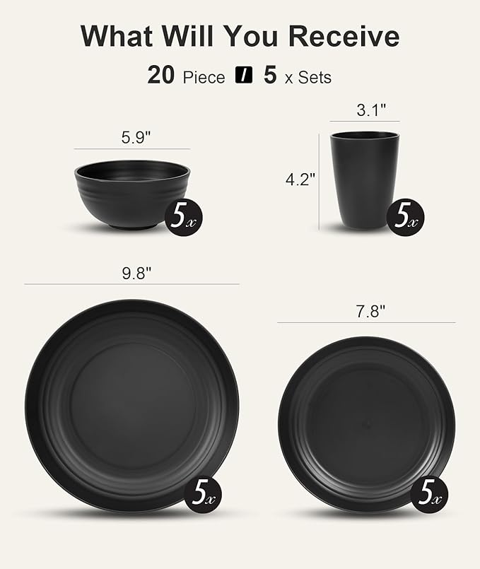 Quatish 20 Piece Plates and Bowls Sets for 5 Unbreakable Dinnerware Sets Plastic Dish Set for Camping Dishwasher Microwave Safe Outdoor Kitchen and Apartment Dinning RV Essentials Black