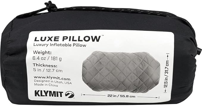 Klymit Luxe Travel Pillow Lightweight Inflatable Hybrid Airplane Backpacking Hammock and Camping Pillow Grey