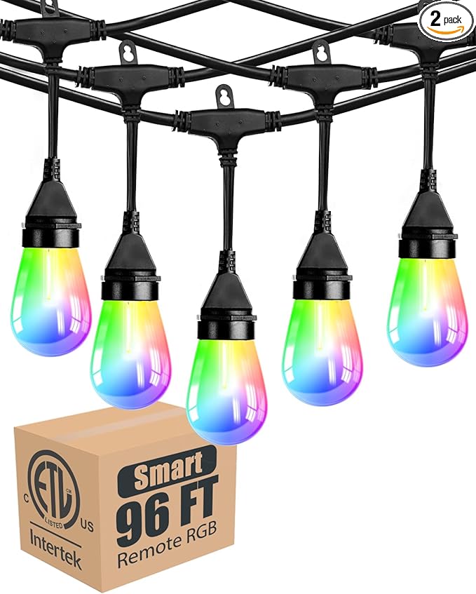 Lightdot 96FT Outdoor RGB String Lights - Dimmable Color Changing LED Patio Lights with Remote Waterproof Commercial Grade for Cafe Bistro &amp Backyard ETL Listed