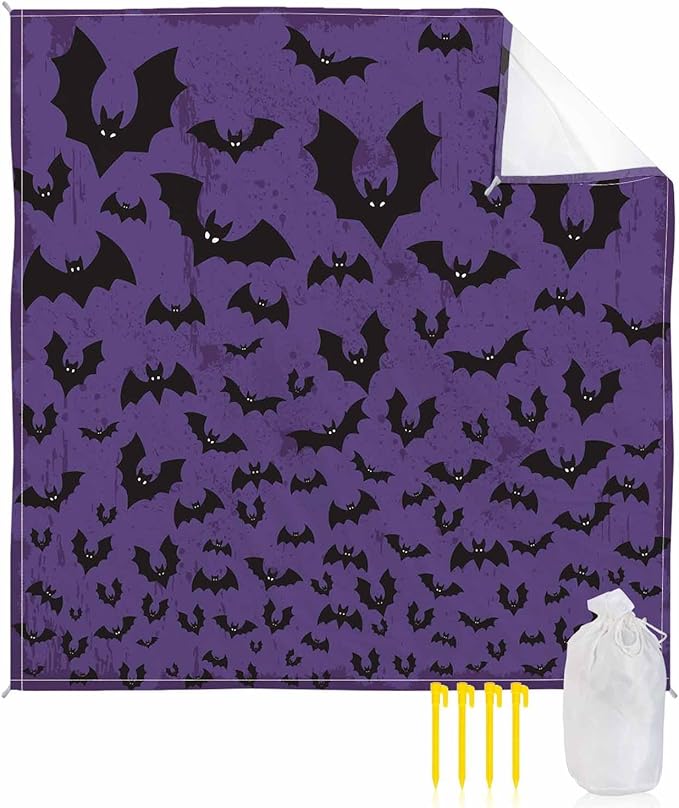 Beach Blanket Waterproof Sandproof Scary Halloween Bat Ombre Quick Drying Beach Mat with 4 Stakes Black and Purple Lightweight Picnic Blanket for Travel Camping Outdoor 95x80