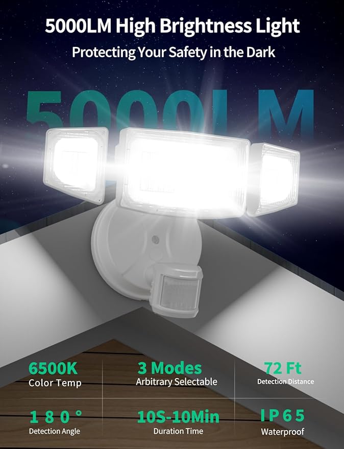 iMaihom 50W Motion Sensor Outdoor Lights 5000LM Hardwired Motion Sensor Flood Light Dusk to Dawn Outdoor Lighting 6500K LED Security Light IP65 Waterproof Motion Detector Lights for Outside White