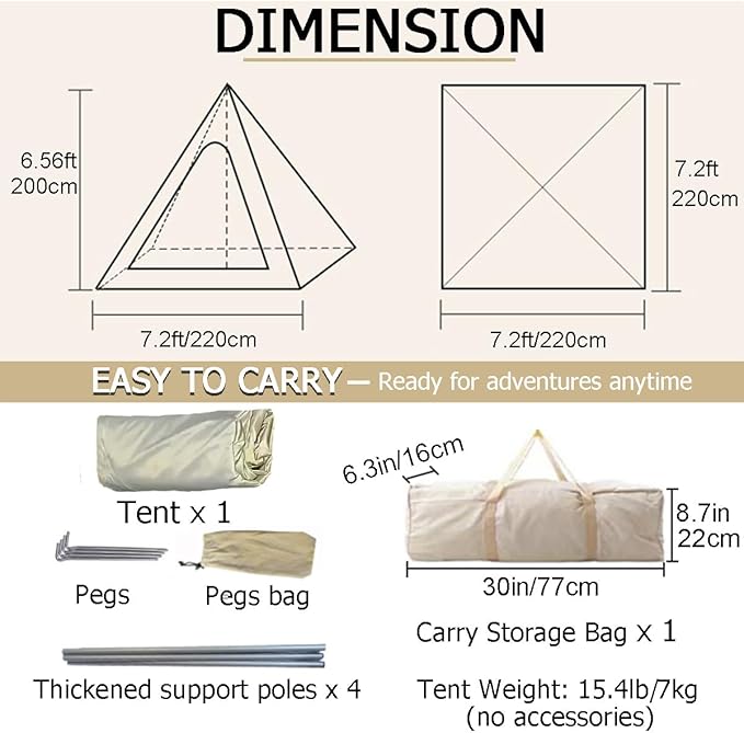 Canvas Tent Teepee Tent for Adults 210G Cotton with Double Door 3 Seasons 2-3 Person for Family Outdoor Camping Parties Glamping