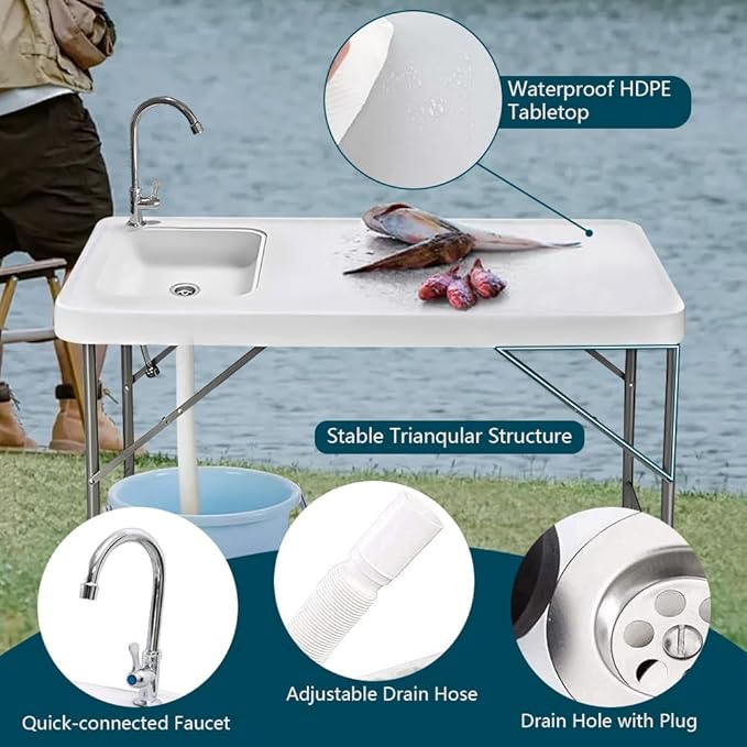 4FT Fish Cleaning Table with Sink 47'' Folding Portable Camping Outdoor Fillet Station with Detachable Faucet Drainage Hose for Picnic Camping Kitchen Gardening White