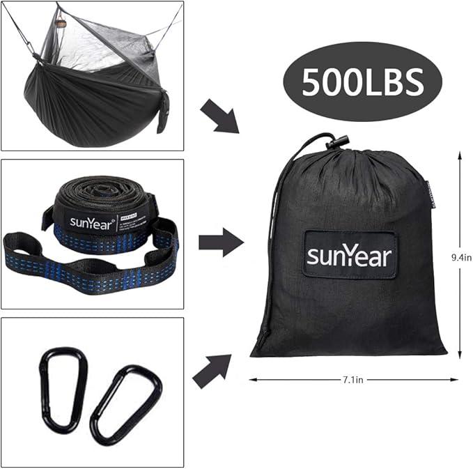 Sunyear Hammock Camping with Rain Fly Tarp and Net Portable Camping Hammock Double Tree Hammock Outdoor Indoor Backpacking Travel &amp Survival 2 Tree Straps100% Waterproof