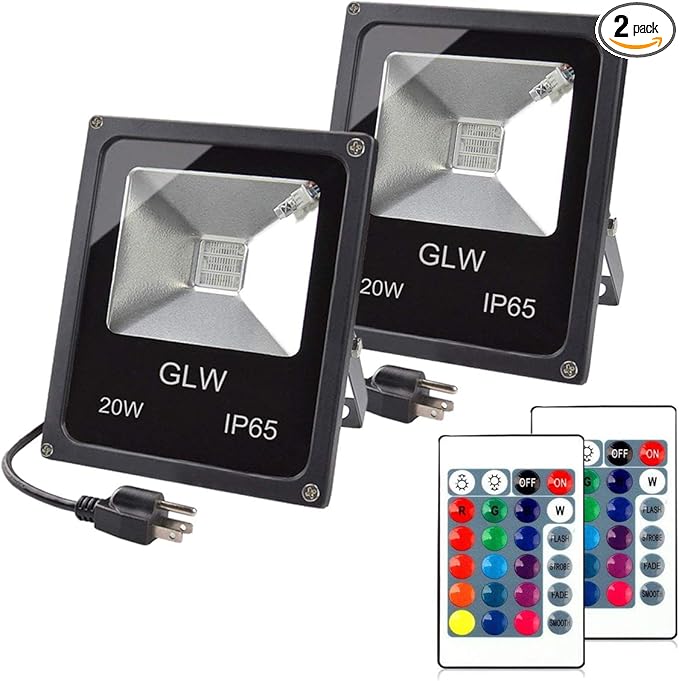 20W RGB LED Flood Lights Color Changing Floodlight with Remote Control Waterproof Outdoor Landscape Lighting16 Colors 4 Mode Dimmable Wall Washer Light for GardenYard (2 Pack)