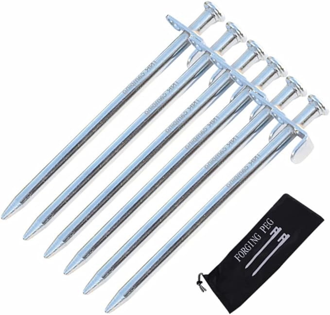 HANABASS 4pcs Sturdy Steel Tent Stakes and Hooks Tent Pegs Nails for Stake Kit Outdoor Camping Tarp Fixation