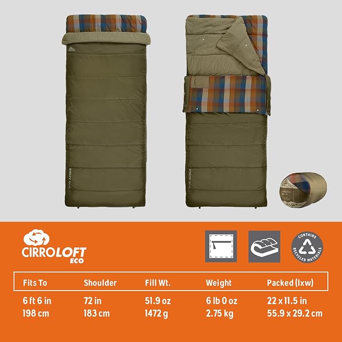 Kelty Wayback Flannel Lined Sleeping Bag Built in Blanket Traditional Rectangle Shape Organic Flannel Cotton Liner Dual Locking Slide Zips