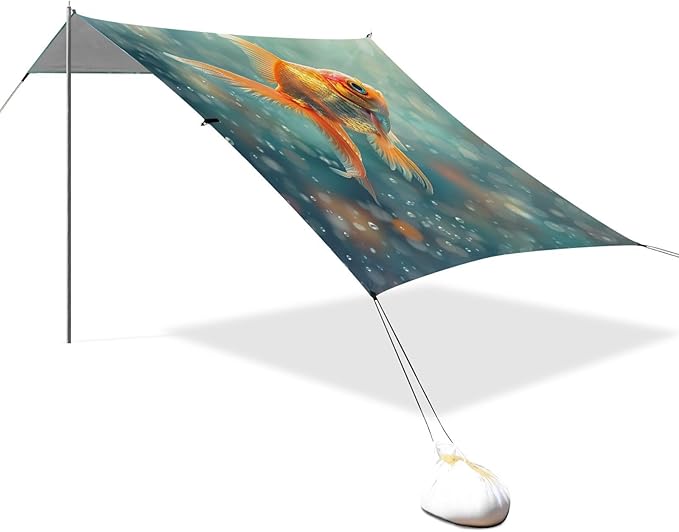 Goldfish Pattern Beach Tent Sun Shelter 9.2' x 10.5' Beach Canopy with 4 Sandbags 4 Stability Poles Sand Shovels - Tent Canopy for Beach Camping Fishing Picnics