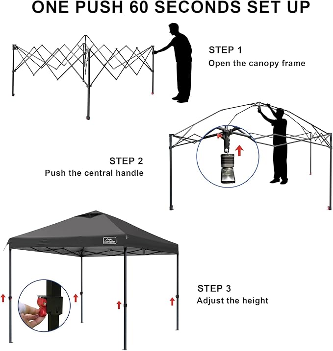 KAMPKEEPER One Person Setup 10x10 Pop up Canopy Tent Instant Portable Canopy One Push Outdoor Canopy with 3 Adjustable Heights Wheeled Carry Bag Bonus 8 Stakes and 4 Ropes(Black)