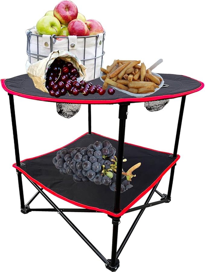 2 Tier Outdoor Camping Gear Foldable Camping Table with Carry Bag and 4 Cup HoldersLightweight Collapsible Canvas Table for Beach Picnic BBQCampfiresFishingHikingTailgating