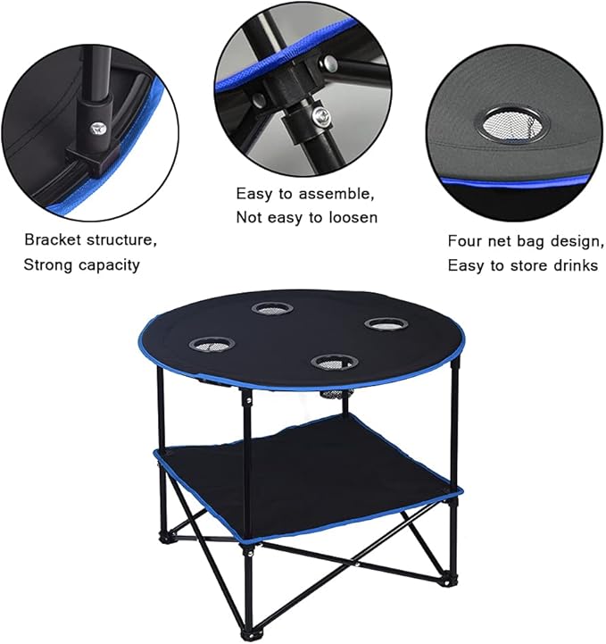 LEADALLWAY Folding Picnic Table Portable Outdoor Camping Table with 4 Cup Holders and Carrying BagsCollapsible Canvas Travel Table for Outdoor PicnicBarbecueTravelFishing (Black+Blue)